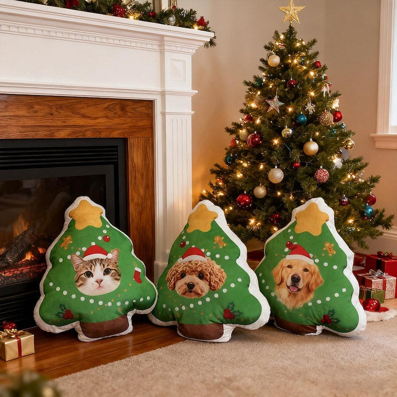 Custom Pet Christmas Tree Pillow, Personalized Dog Cat Xmas Cushion, Holiday Gift for Pet Lovers, Cute Christmas Home Decor