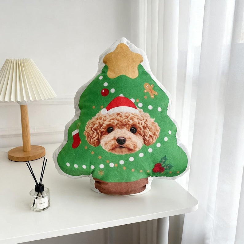 Custom Pet Christmas Tree Pillow, Personalized Dog Cat Xmas Cushion, Holiday Gift for Pet Lovers, Cute Christmas Home Decor