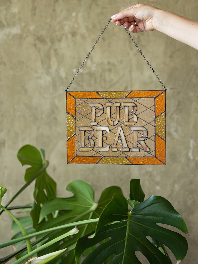 Custom stained glass name pub sign suncatcher address personalized name cling housewarming gift Beer Mug Hangings Logo Bar Symbol Restaurant