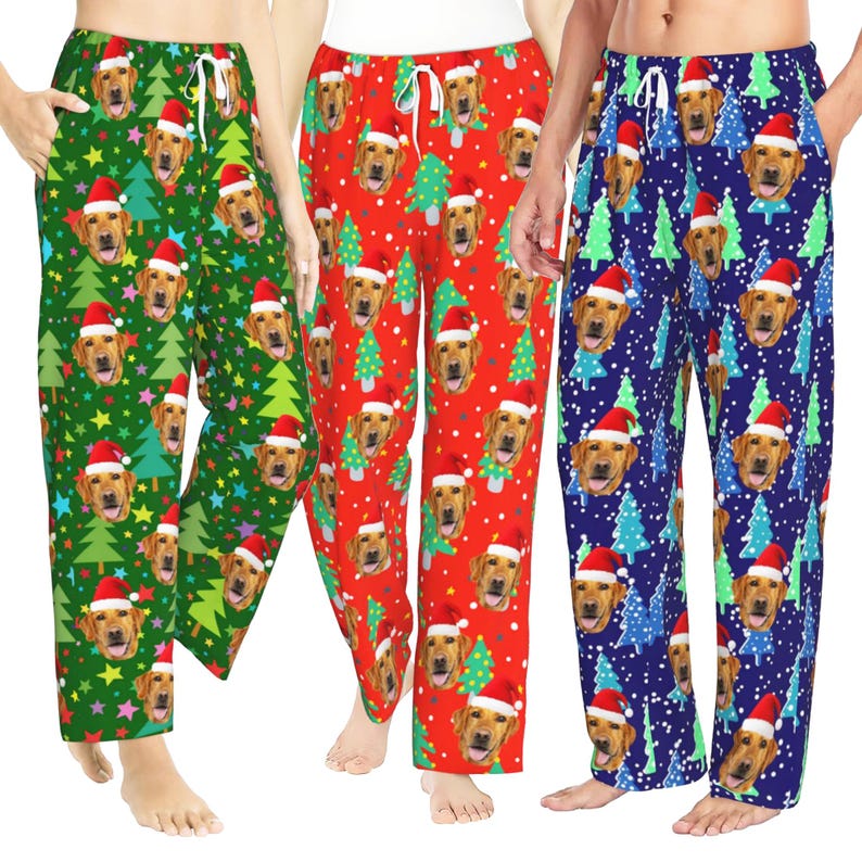 Personalized Christmas Plaid Pajama Pants with Dog Face, Custom Christmas Gifts