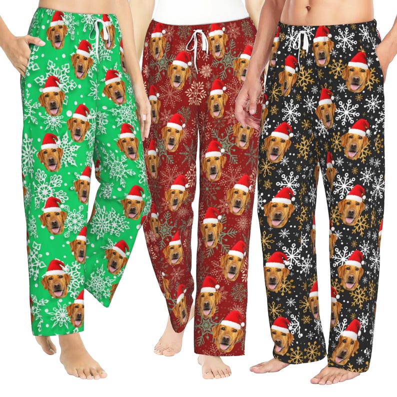 Personalized Christmas Plaid Pajama Pants with Dog Face, Custom Christmas Gifts