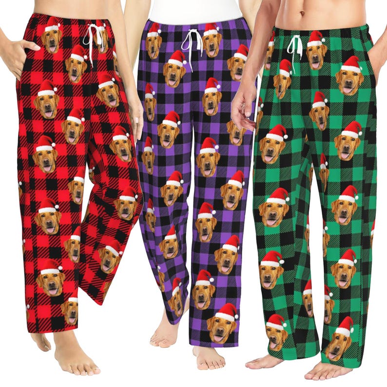 Personalized Christmas Plaid Pajama Pants with Dog Face, Custom Christmas Gifts
