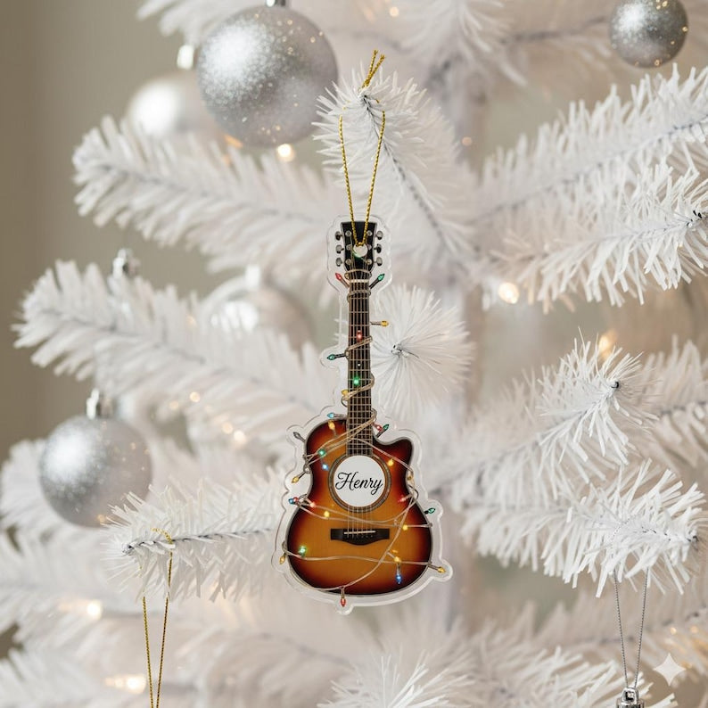 Personalized Guitar Christmas Ornament with Name, Musician Holiday Tree Decoration, Custom Acoustic Guitar Player Gift, Music Lover Gift