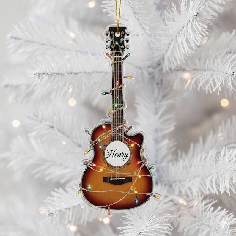 Personalized Guitar Christmas Ornament with Name, Musician Holiday Tree Decoration, Custom Acoustic Guitar Player Gift, Music Lover Gift