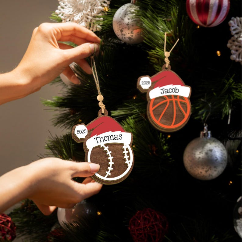 Personalized Sports Christmas Ornament, Custom 2 Layer Wooden Name Ornament, 9 Sport Options, Holiday Gift for Athletes & Fans, Christmas Gift