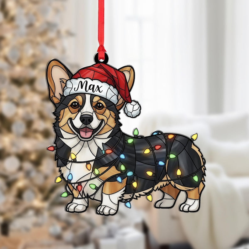 Personalized Corgi Ornament Custom Dog Name, Santa Hat with Christmas Lights Decoration