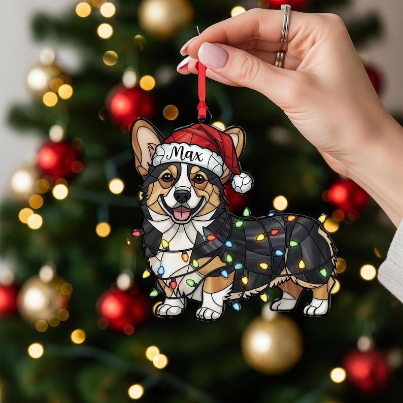 Personalized Corgi Ornament Custom Dog Name, Santa Hat with Christmas Lights Decoration