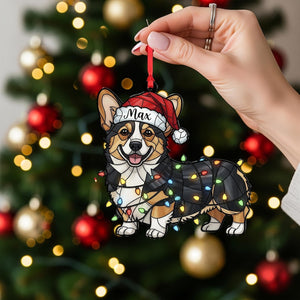 Personalized Corgi Ornament Custom Dog Name, Santa Hat with Christmas Lights Decoration
