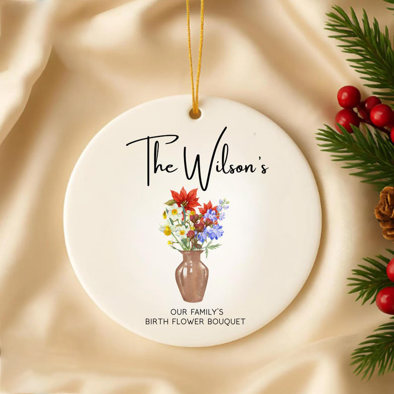 Personalized Birthflower Ornament, Custom Family Ornament with Last Name, Birth Month Flowers Keepsake, Gift for Mom, Mother's Day Gift