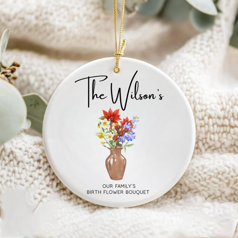 Personalized Birthflower Ornament, Custom Family Ornament with Last Name, Birth Month Flowers Keepsake, Gift for Mom, Mother's Day Gift