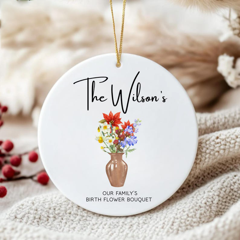 Personalized Birthflower Ornament, Custom Family Ornament with Last Name, Birth Month Flowers Keepsake, Gift for Mom, Mother's Day Gift