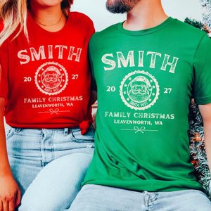 Custom Family Christmas Shirts, Bella Canvas Matching Xmas Tees, Personalized Name Shirt, Vintage Santa Varsity Christmas Family Outfits Pjs