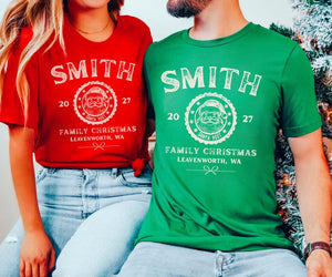 Custom Family Christmas Shirts, Matching Xmas Tees, Personalized Name Shirt, Vintage Santa Varsity Christmas Family Outfits Pjs