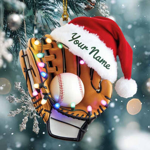 Personalized Baseball Glove Ornament with Ball and Santa Hat Custom Name Gift for Baseball Players Coaches Fans Holiday Tree Decoration