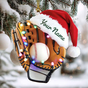 Personalized Baseball Glove Ornament with Ball and Santa Hat Custom Name Gift for Baseball Players Coaches Fans Holiday Tree Decoration