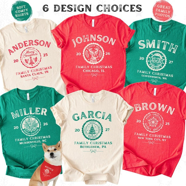 Custom Family Christmas Shirts, Bella Canvas Matching Xmas Tees, Personalized Name Shirt, Vintage Santa Varsity Christmas Family Outfits Pjs