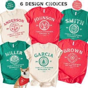 Custom Family Christmas Shirts, Bella Canvas Matching Xmas Tees, Personalized Name Shirt, Vintage Santa Varsity Christmas Family Outfits Pjs