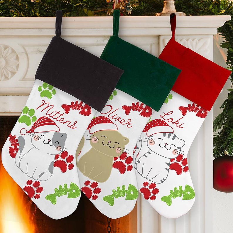 Personalized Cat Christmas Stocking, Custom Pet Name Stocking, Cute Kitty Holiday Decor, Cat Lover Gift, Cat Stocking for Fireplace