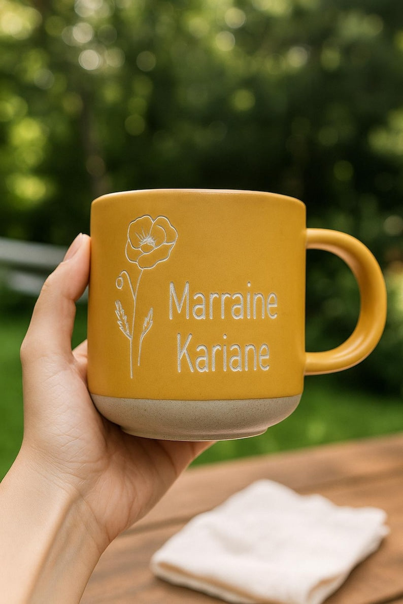 Engraved Birth Flower Coffee Mug: Personalized Pottery Gift