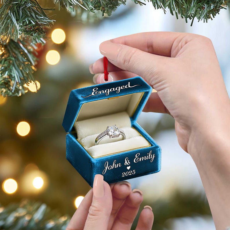 Personalized Engaged Ring Box Acrylic 2D Flat Ornament, Christmas Gifts For New Couple, Just Married Ornament, Wedding Cake Gift