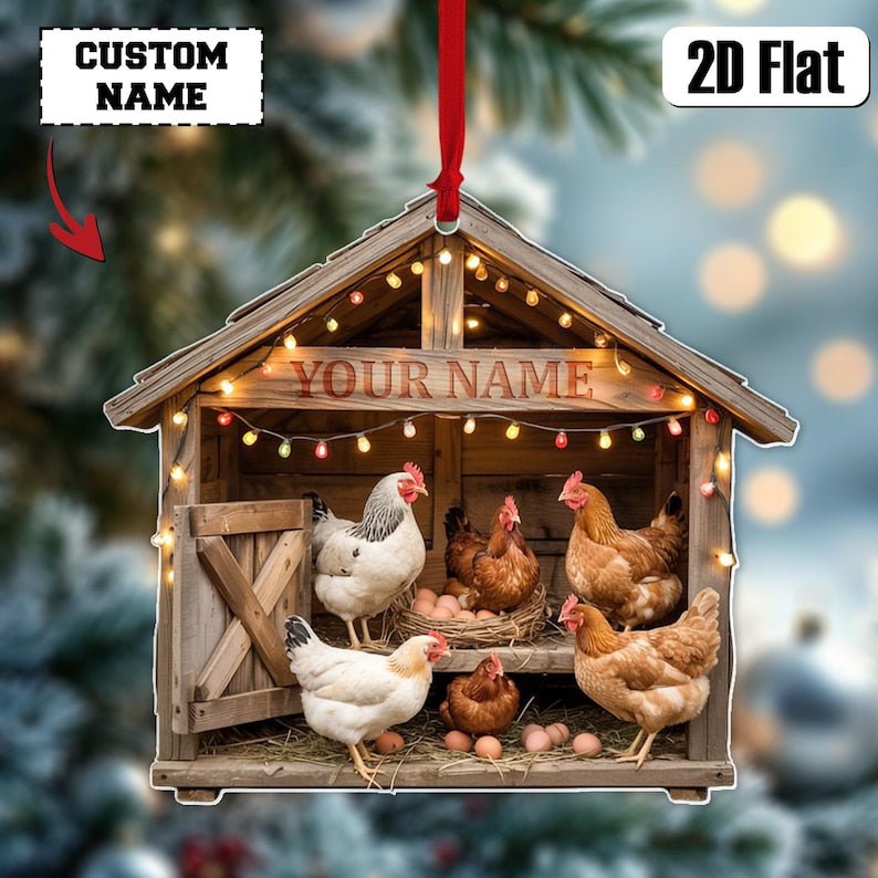Personalized Chicken Coop Christmas Ornament, Flat Chicken Hanging Decor, Rustic Farmhouse Christmas Gift for Farmer, Chicken Lovers Gift