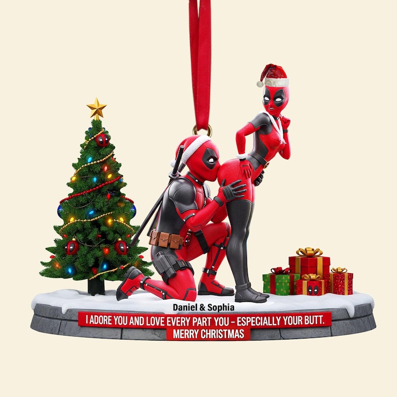 Personalized Funny Red Masked Couple Ornament, I Adore You , Custom Holiday Tree Decoration, Flat 2D Ornament, Merry Grinchmas Gifts