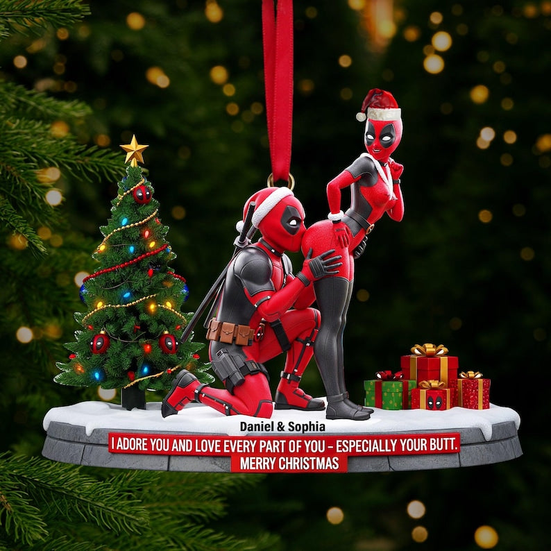 Personalized Funny Red Masked Couple Ornament, I Adore You , Custom Holiday Tree Decoration, Flat 2D Ornament, Merry Grinchmas Gifts