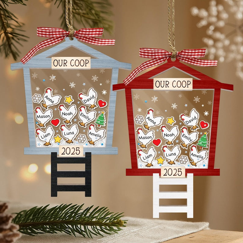 Personalized Chicken Coop Ornament 2025 Custom Family Name Christmas Ornament, Funny Farmhouse Gift for Chicken Lovers