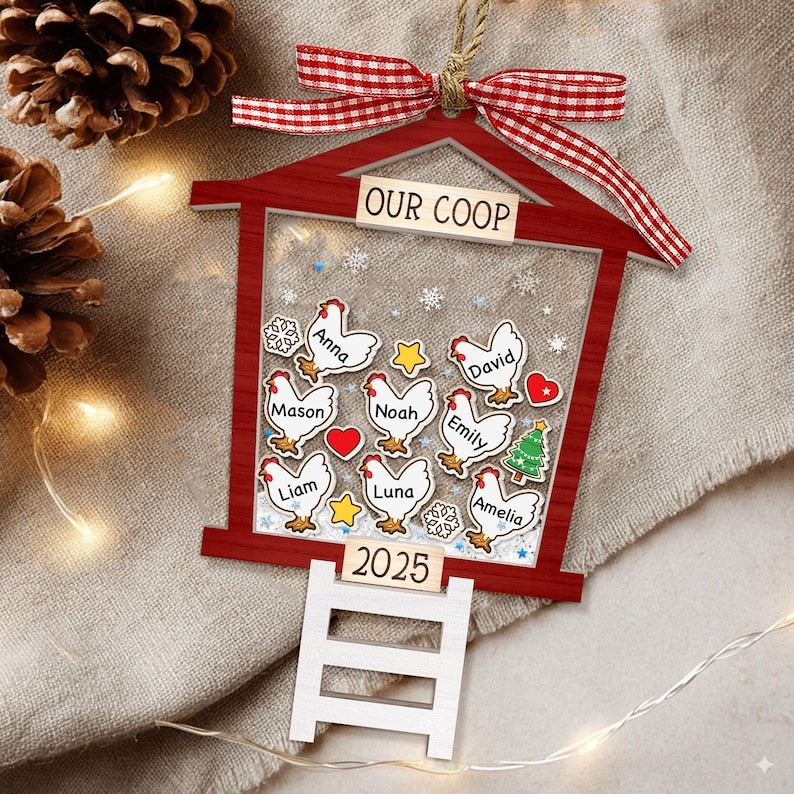 Personalized Chicken Coop 4D Shaker Ornament 2025 Custom Family Name Christmas Ornament, Funny Farmhouse Gift for Chicken Lovers