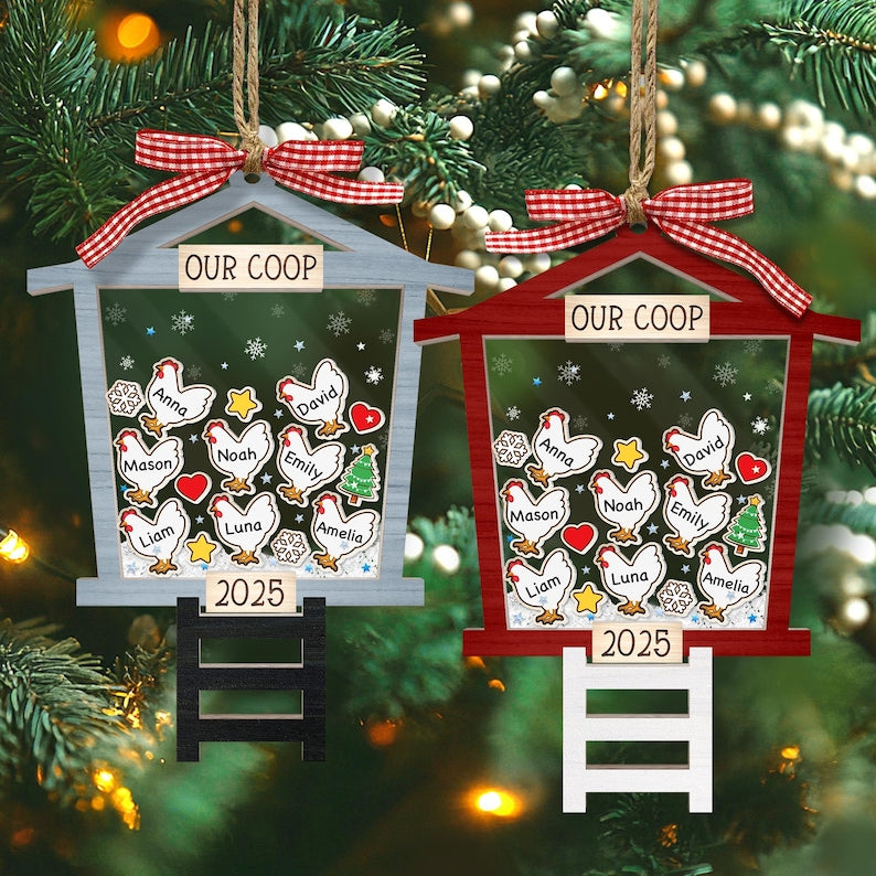 Personalized Chicken Coop Ornament 2025 Custom Family Name Christmas Ornament, Funny Farmhouse Gift for Chicken Lovers