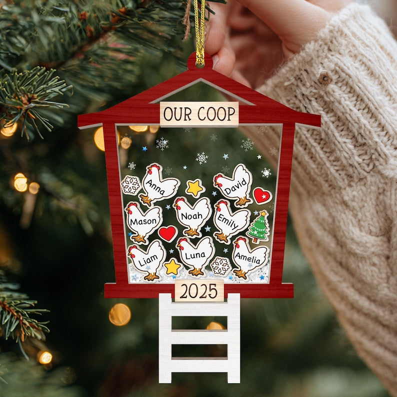 Personalized Chicken Coop Ornament 2025 Custom Family Name Christmas Ornament, Funny Farmhouse Gift for Chicken Lovers