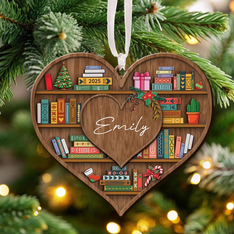 Custom Bookshelf Christmas Ornament, Book Lover Holiday Tree Decoration, Librarian Book Club Gift