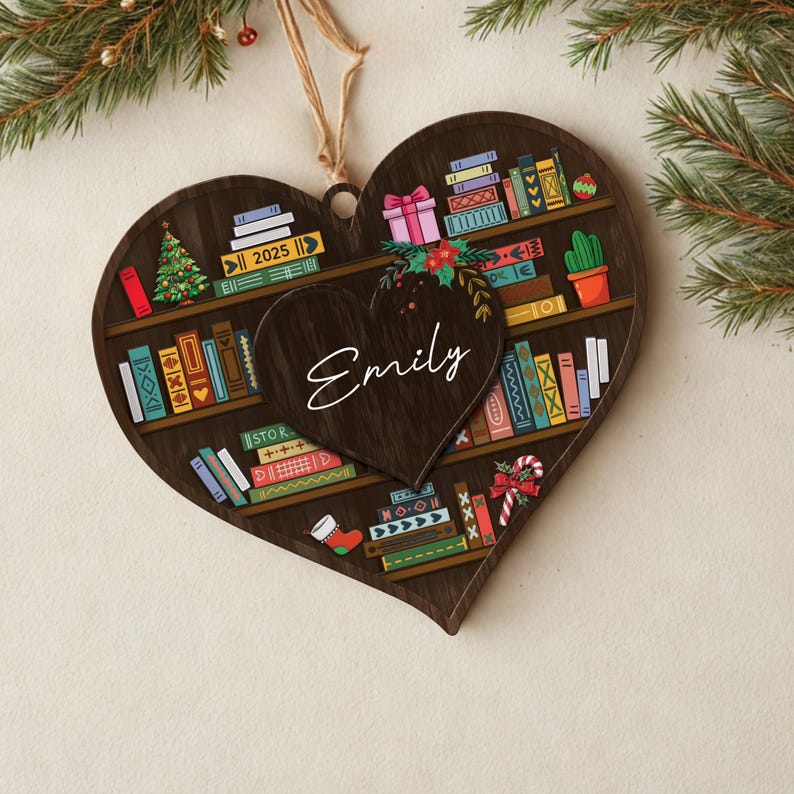 Custom Bookshelf Christmas Ornament, Book Lover Holiday Tree Decoration, Librarian Book Club Gift
