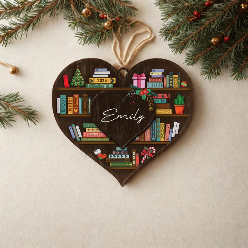 Custom Bookshelf Christmas Ornament, Book Lover Holiday Tree Decoration, Librarian Book Club Gift