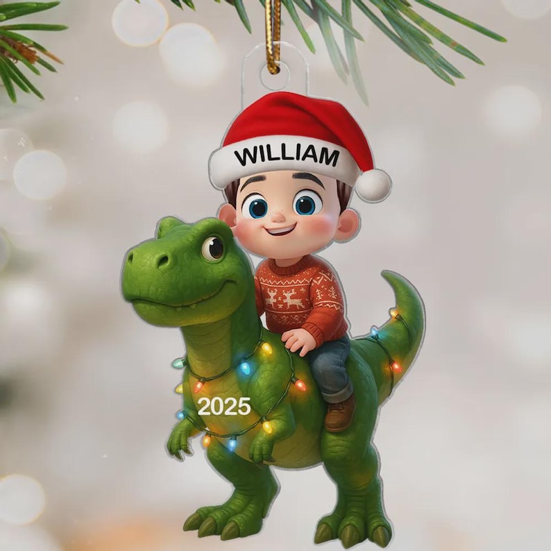 2D Flat Cute Kid With Dinosaur Christmas - Personalized Acrylic Ornament - Gift For Kids, Grandkids, Fun & Unique