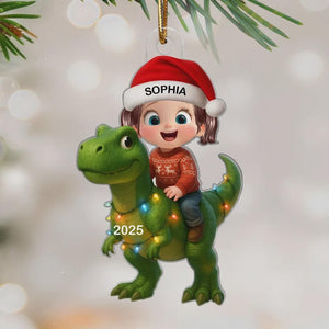 2D Flat Cute Kid With Dinosaur Christmas - Personalized Acrylic Ornament - Gift For Kids, Grandkids, Fun & Unique