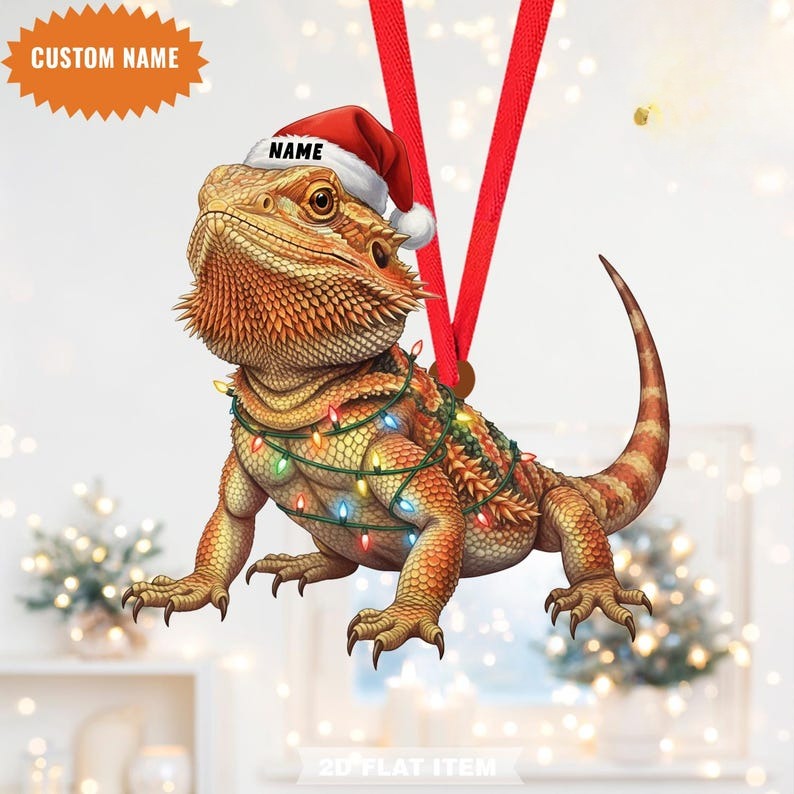 Custom Name Bearded Dragon Christmas Ornament, Flat 2D Ornament, Pet Lover Gift, Bearded Dragon Christmas Gift, Christmas Ornament
