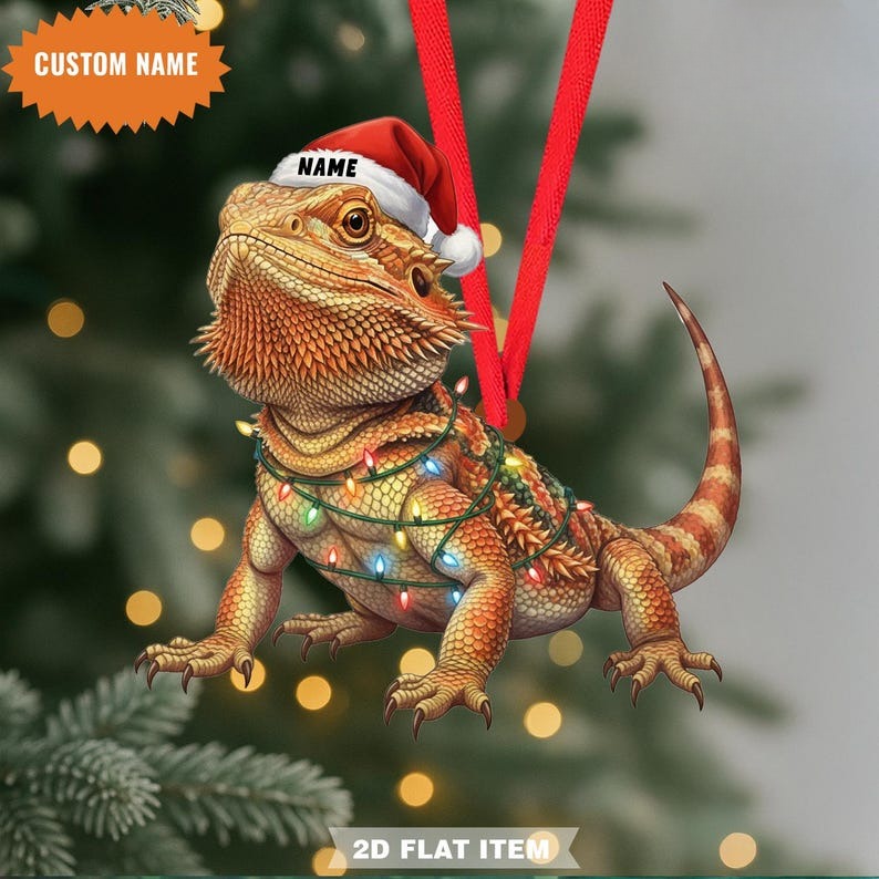 Custom Name Bearded Dragon Christmas Ornament, Flat 2D Ornament, Pet Lover Gift, Bearded Dragon Christmas Gift, Christmas Ornament