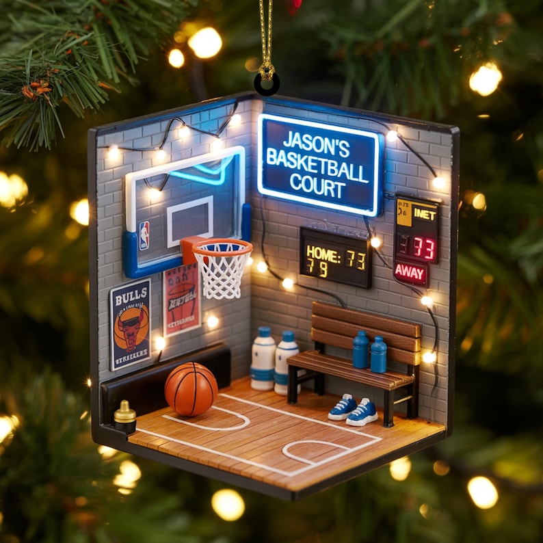 Custom Name Basketball Court Ornament | Personalized Acrylic 2D Flat Sports Christmas Tree Decor | Unique Gift for Basketball Enthusiasts