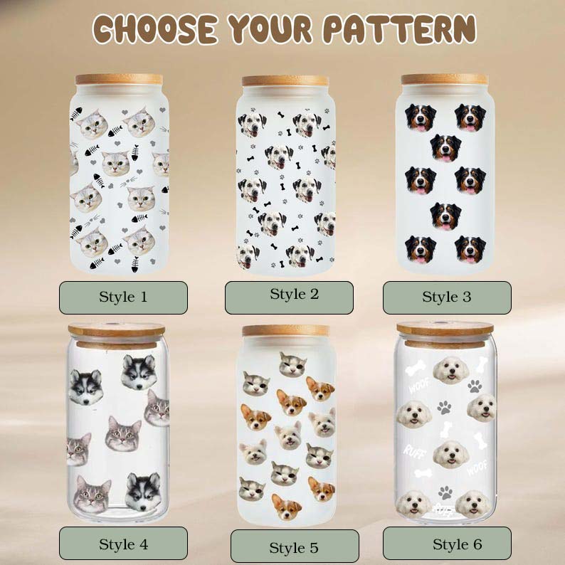 Custom 16oz Pet Photo Can Glass Cup, Personalized Iced Coffee Portrait Mug Christmas Trend Gift for Dog Lover, Boho Cat Cup with Lid &Strawt