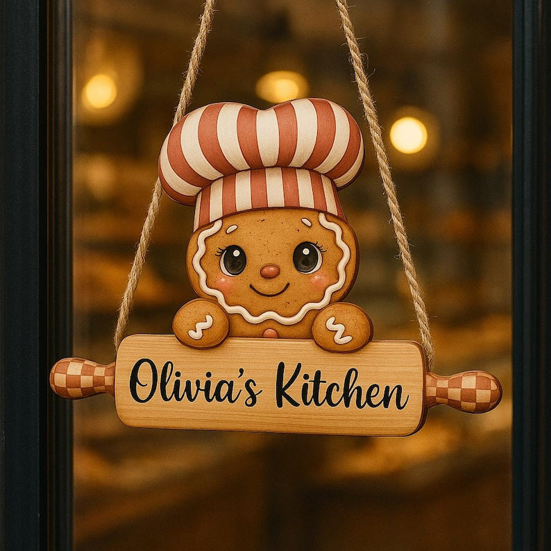 PERSONALIZABLE Kitchen Wooden Sign, CUSTOM Gingerbread Chef Rolling Pin Wall Hanging, Cute Bakery Decor, Christmas Gift for Friends & Family