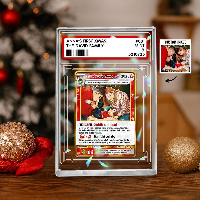 Personalized Poke Christmas Card Acrylic Plaque, Custom Photo Gift for Family, Turn Your Photo Into Anime, Xmas Style Trading Card, Poke-Style Collectible