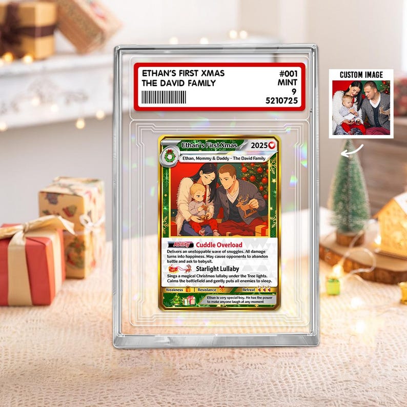 Personalized Poke Christmas Card Acrylic Plaque, Custom Photo Gift for Family, Turn Your Photo Into Anime, Xmas Style Trading Card, Poke-Style Collectible