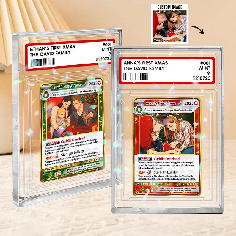 Personalized Poke Christmas Card Acrylic Plaque, Custom Photo Gift for Family, Turn Your Photo Into Anime, Xmas Style Trading Card, Poke-Style Collectible