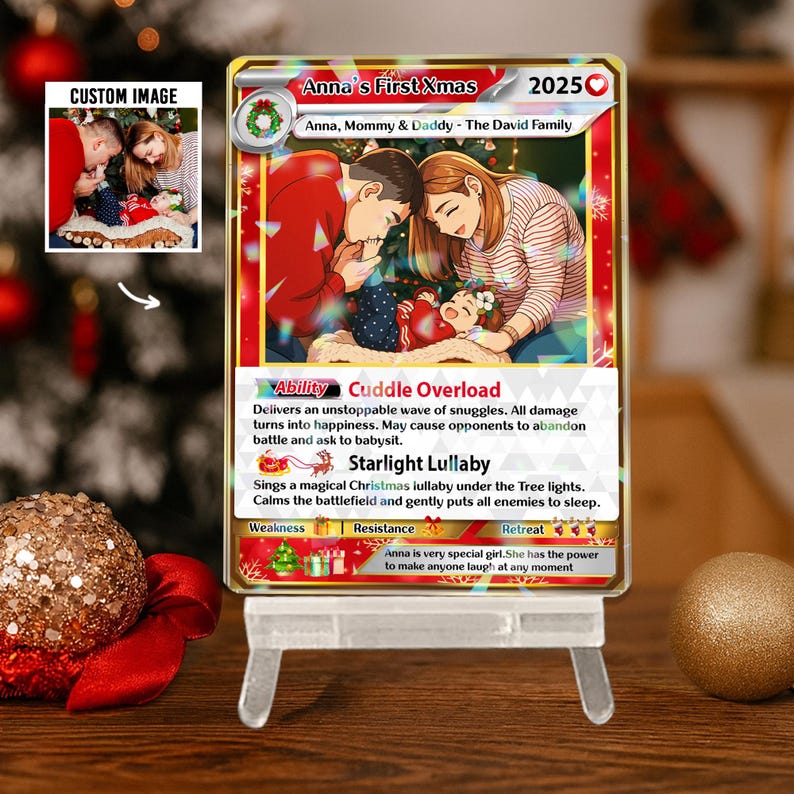 holographic christmas card Turn Your Family Into Cartoon In Christmas, Custom Family Poke Xmas Trading Card Using Photo + Name, First Christmas Holographic Card