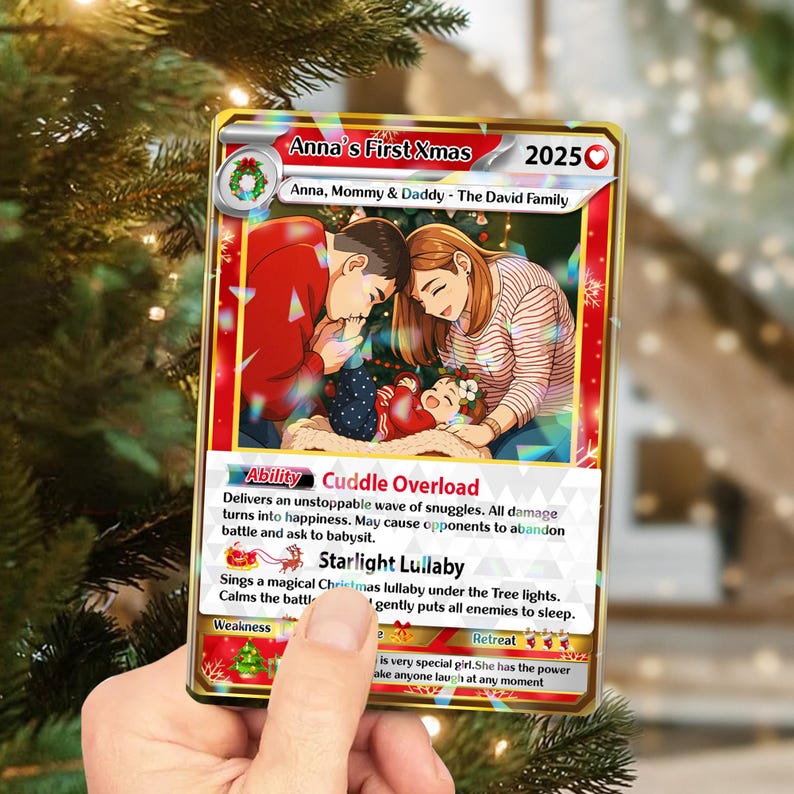Turn Your Family Into Cartoon In Christmas, Custom Family Poke Xmas Trading Card Using Photo + Name, First Christmas Holographic Card