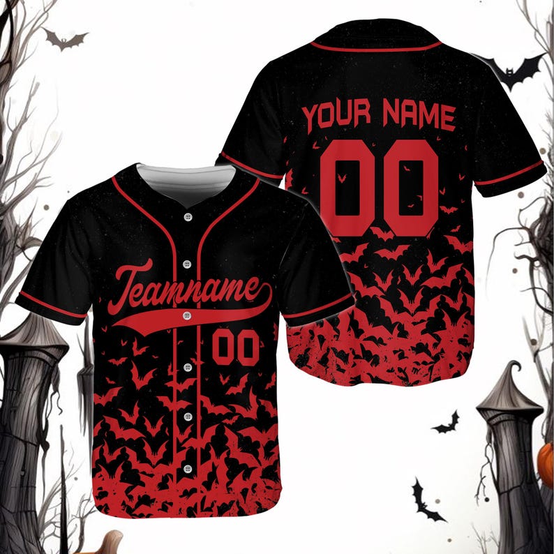 Custom Halloween Baseball Jersey with Personalized Name and Number, Spooky Flying Bats Print, Unique Costume Gift for Halloween Party