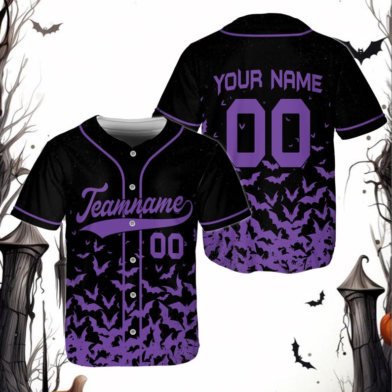 Custom Halloween Baseball Jersey with Personalized Name and Number, Spooky Flying Bats Print, Unique Costume Gift for Halloween Party