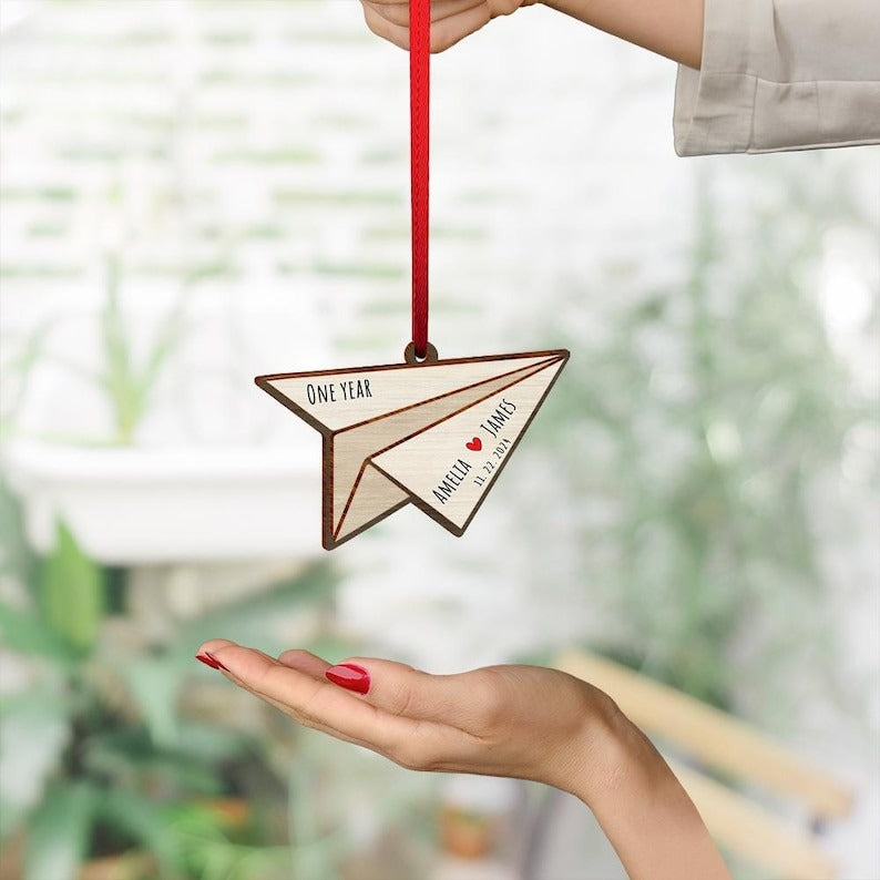 Paper Airplane Christmas Wood 2 Layers Ornament, 1st Wedding Anniversary Gift, Personalized Paper Traditional 1st Wedding Anniversary Gifts