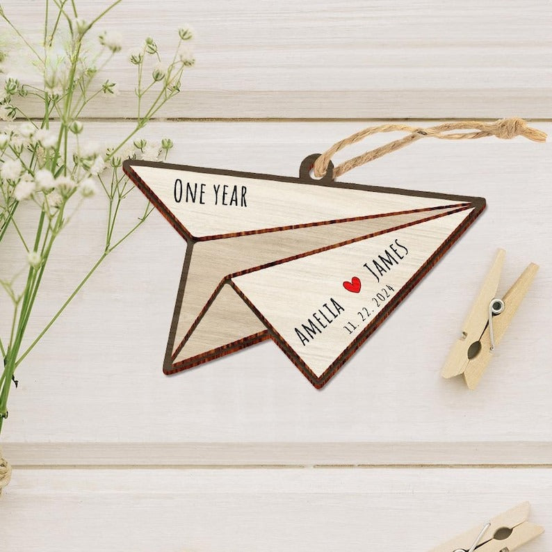 Paper Airplane Christmas Wood 2 Layers Ornament, 1st Wedding Anniversary Gift, Personalized Paper Traditional 1st Wedding Anniversary Gifts